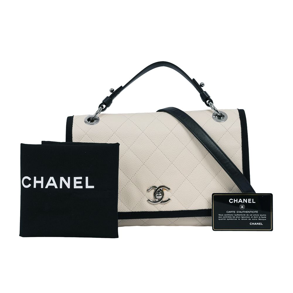【CHANEL 】銀釦荔枝皮革帆布飾邊拼色二用包(白色/黑色)CH19000080