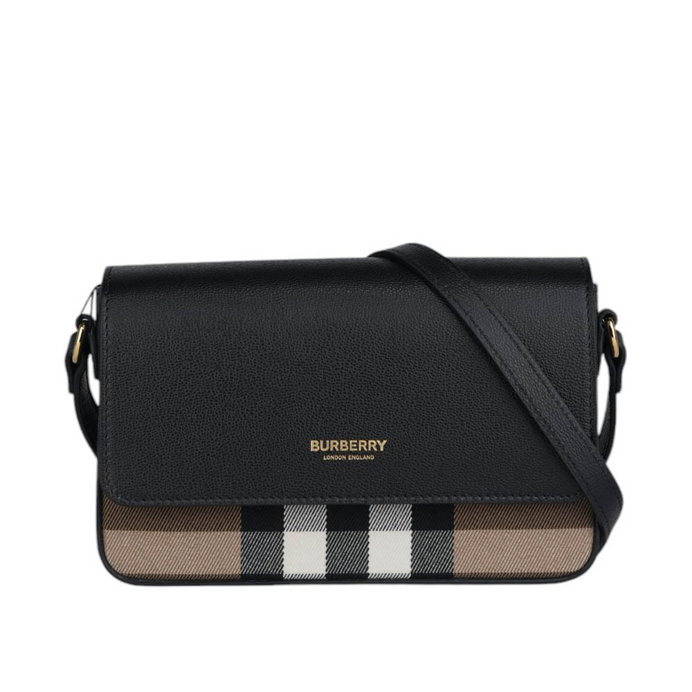 【BURBERRY】Hampshire 新款格紋帆布拼皮革手拿包/斜背包(黑色)80840281