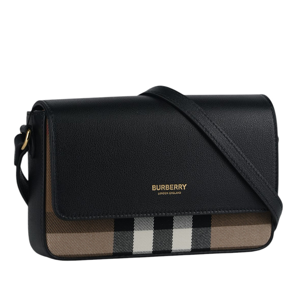 【BURBERRY】Hampshire 新款格紋帆布拼皮革手拿包/斜背包(黑色)80840281