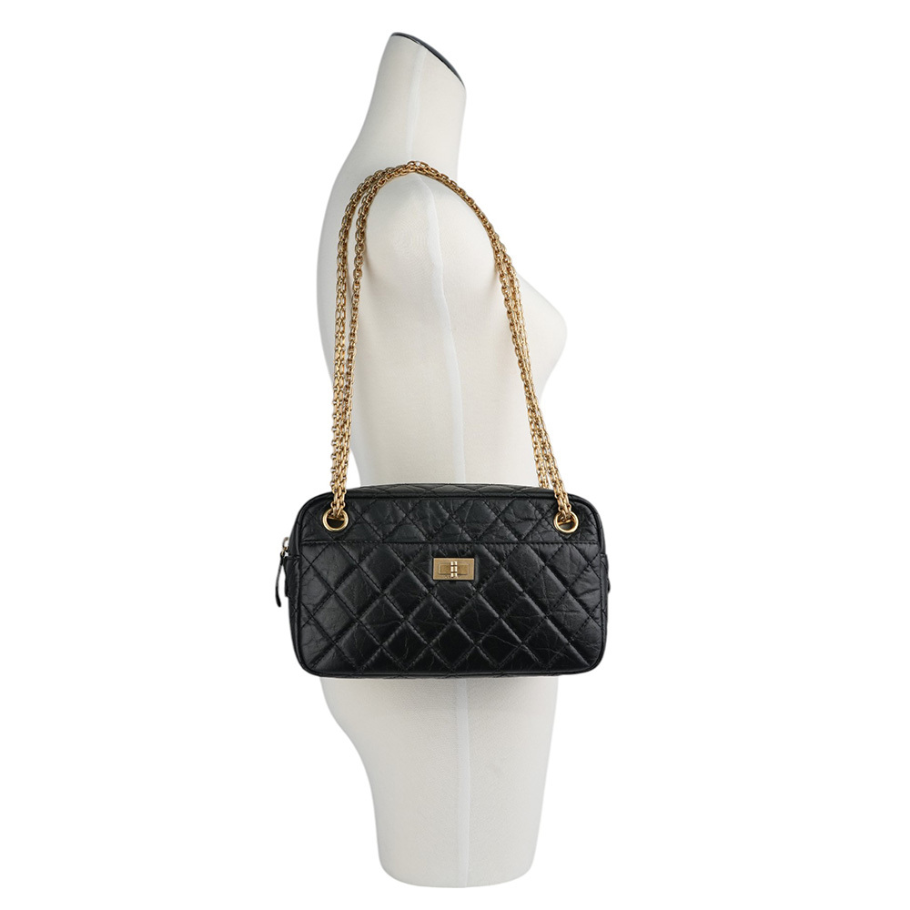 【CHANEL 】金釦小牛皮 2.55 相機肩背/斜背二用包(黑色)A65169 Y04634 94305