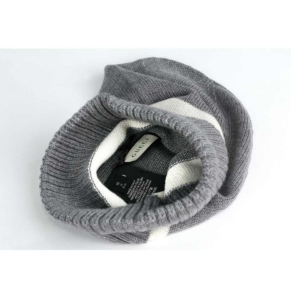 【GUCCI】銀色GG Logo 白色條紋羊毛毛帽 M(灰色)494598 4G206 1278