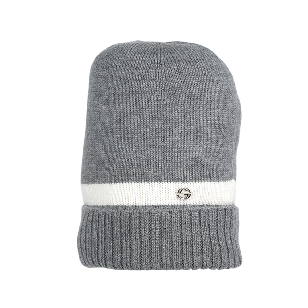 【GUCCI】銀色GG Logo 白色條紋羊毛毛帽 M(灰色)494598 4G206 1278