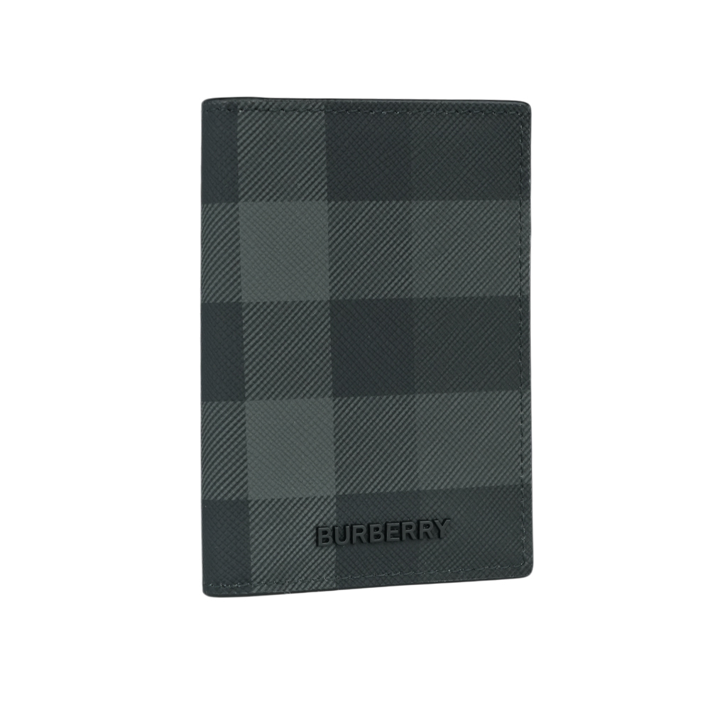 【BURBERRY】格紋塗層帆布及牛皮直式二折卡片夾/名片夾(炭灰色)8070195