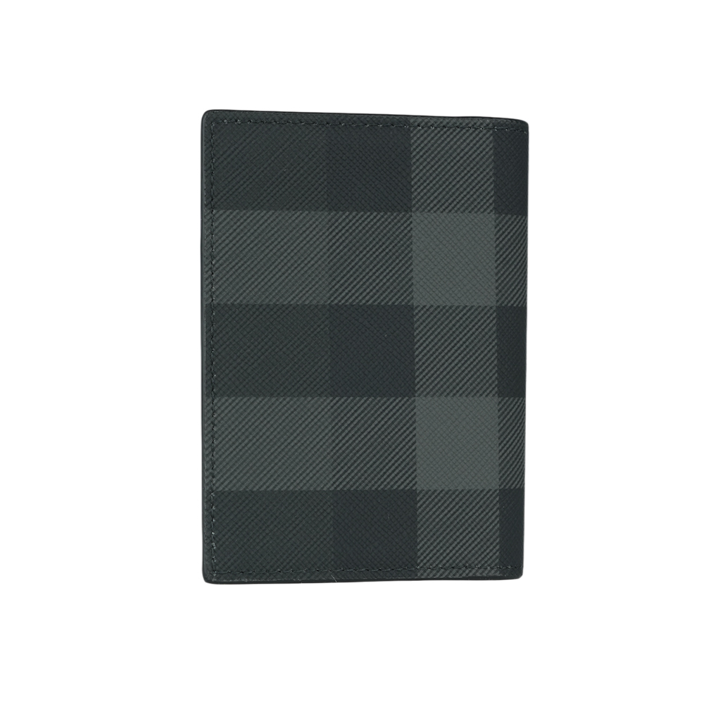 【BURBERRY】格紋塗層帆布及牛皮直式二折卡片夾/名片夾(炭灰色)8070195