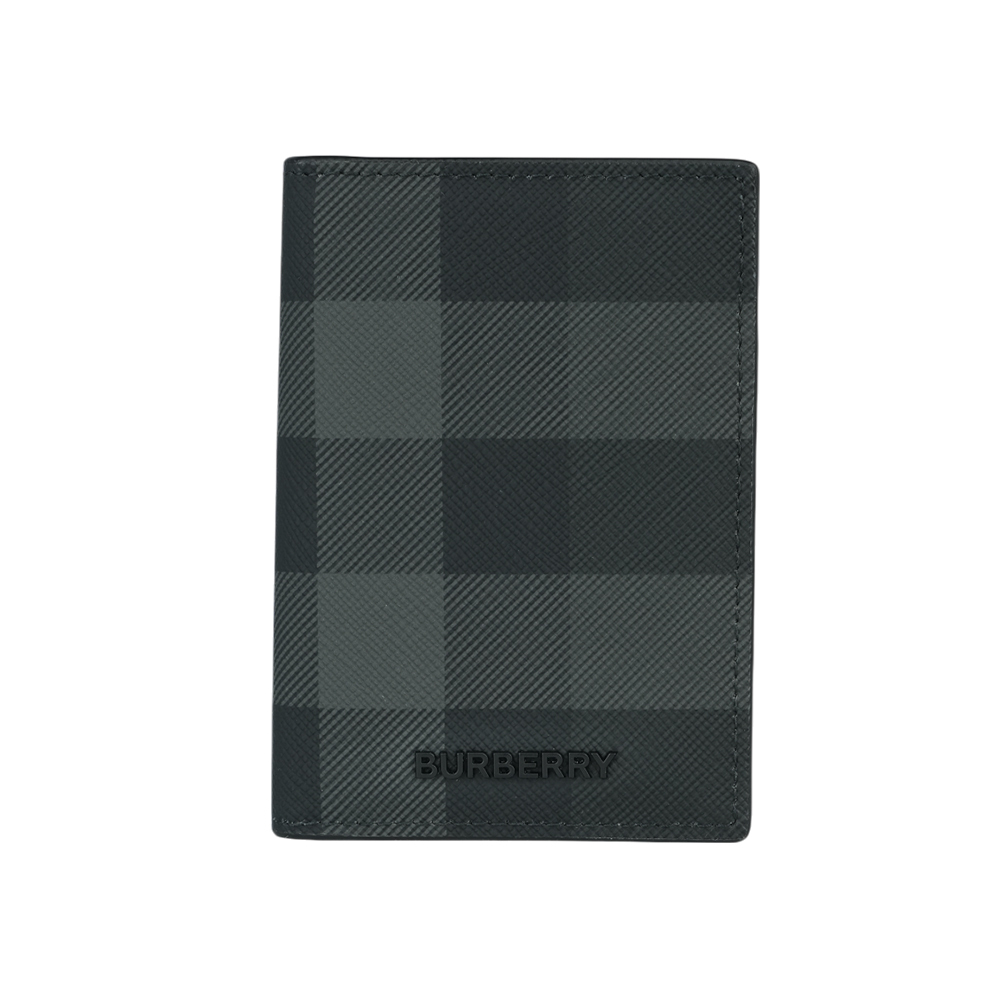 【BURBERRY】格紋塗層帆布及牛皮直式二折卡片夾/名片夾(炭灰色)8070195