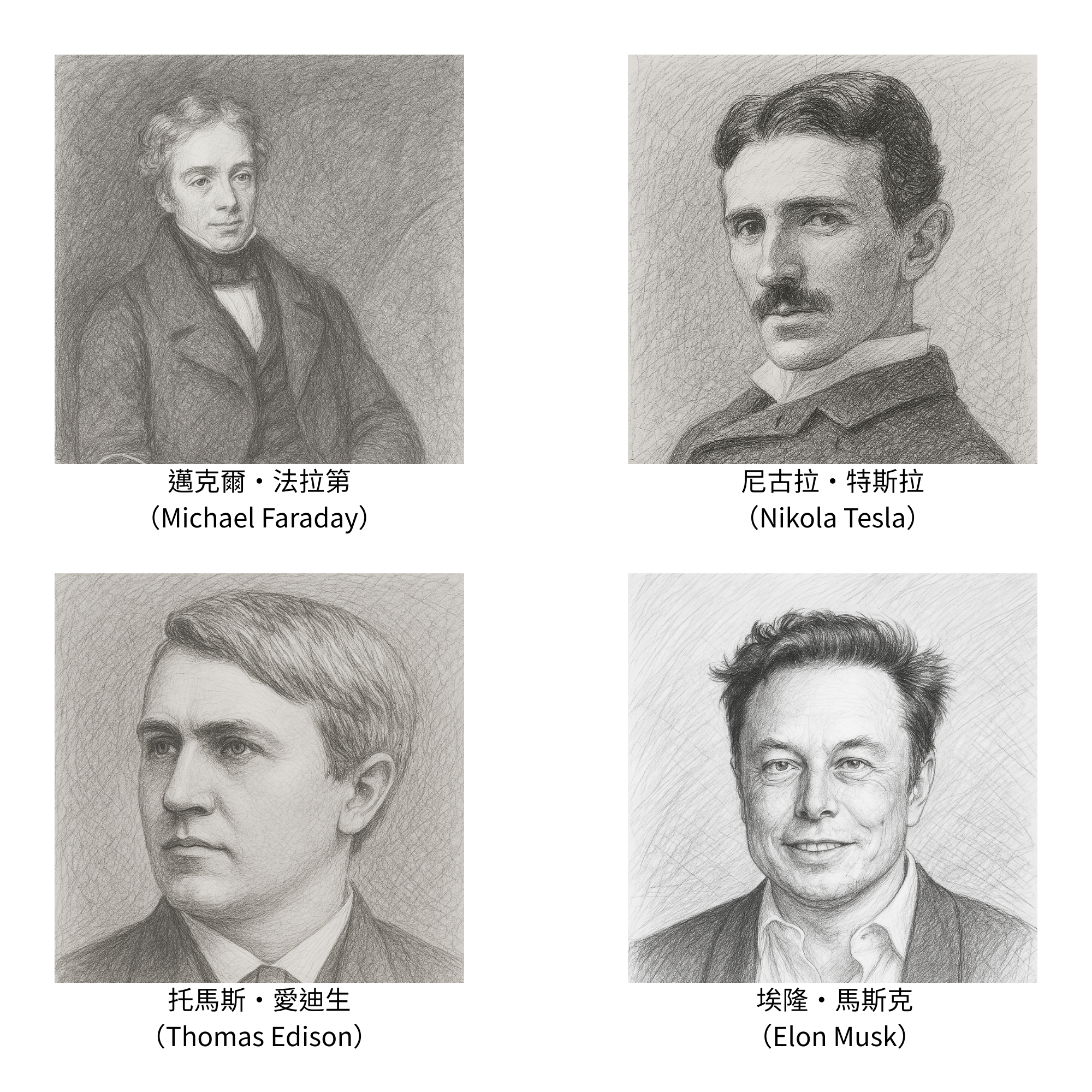 邁克爾·法拉第（Michael Faraday）、托馬斯·愛迪生（Thomas Edison）、尼古拉·特斯拉（Nikola Tesla）和埃隆·馬斯克（Elon Musk）