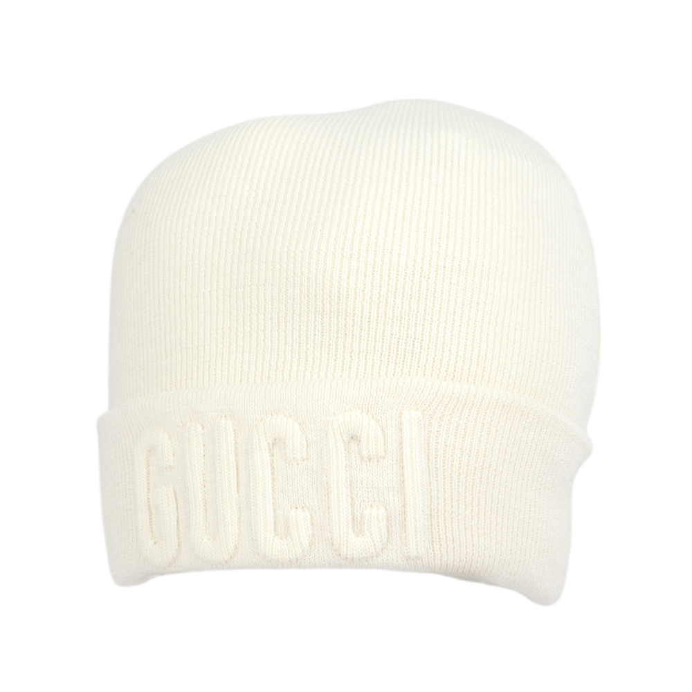 【GUCCI】刺繡Logo 羊毛毛帽 M (白色)764541 4GAHF 9000