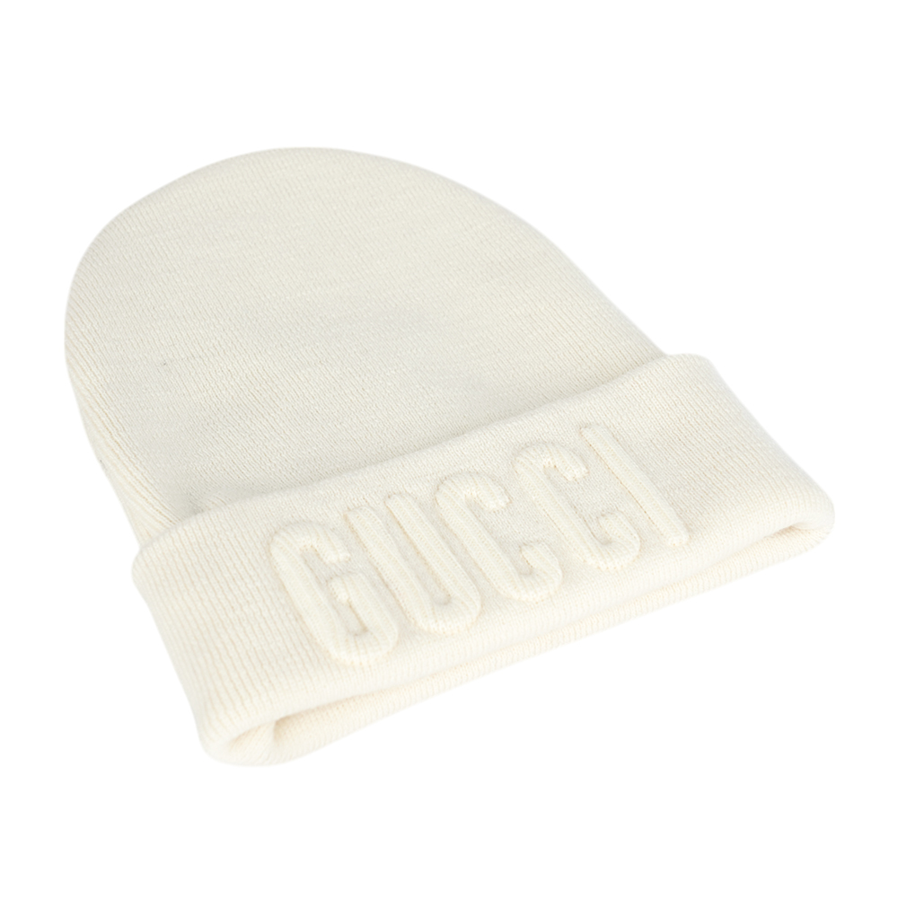 【GUCCI】刺繡Logo 羊毛毛帽 M (白色)764541 4GAHF 9000