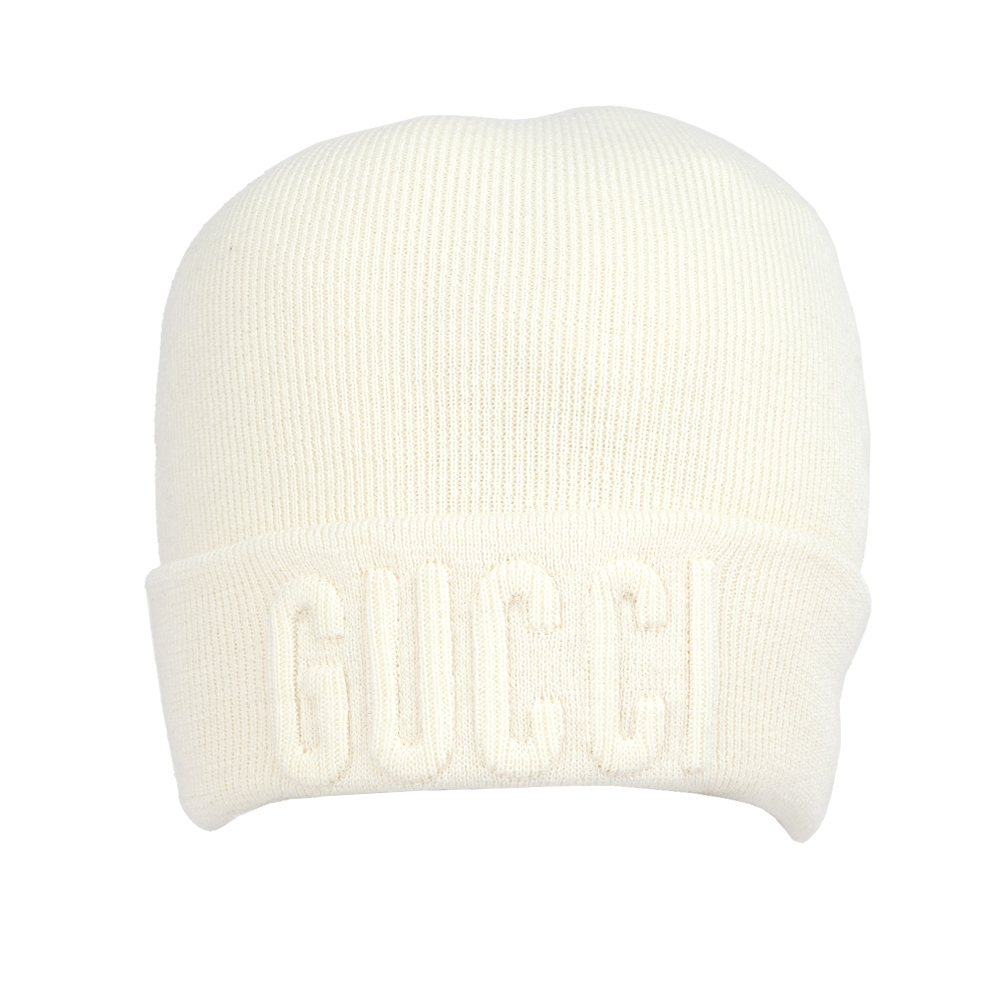 【GUCCI】刺繡Logo 羊毛毛帽 M (白色)764541 4GAHF 9000