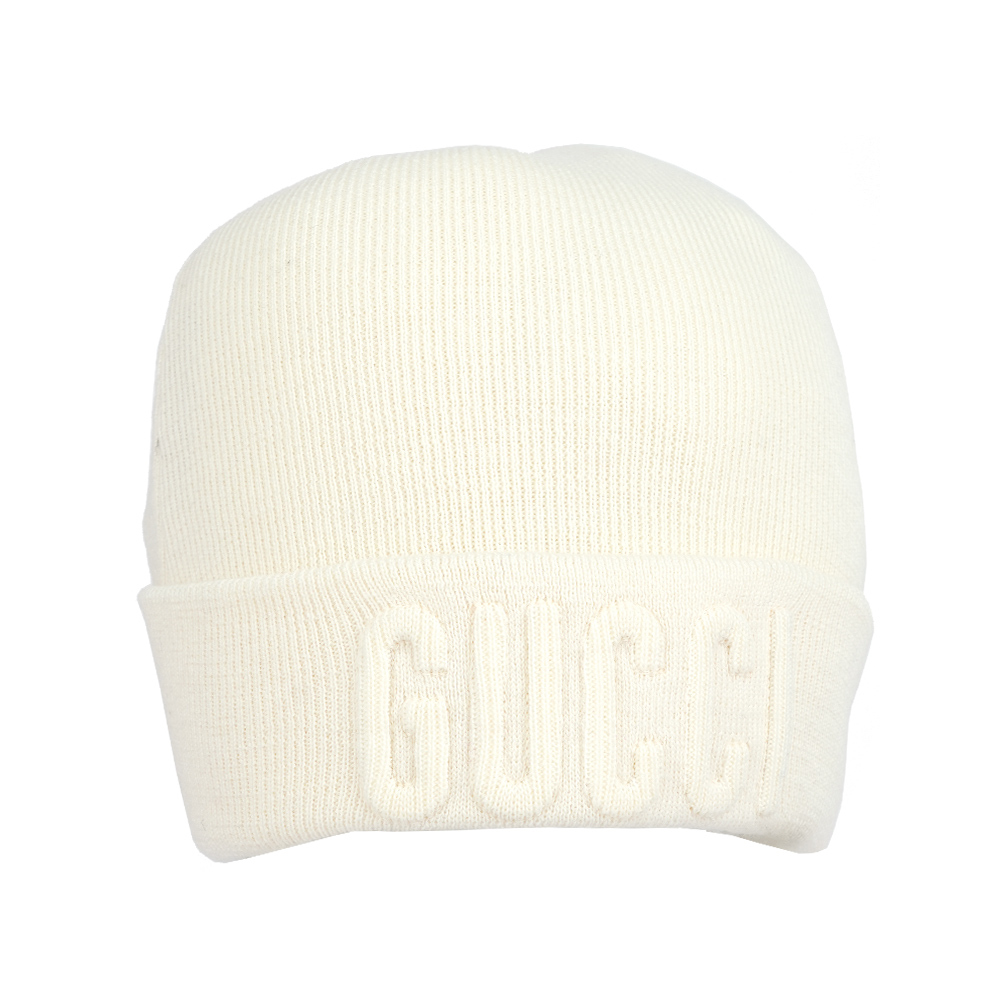 【GUCCI】刺繡Logo 羊毛毛帽 M (白色)764541 4GAHF 9000