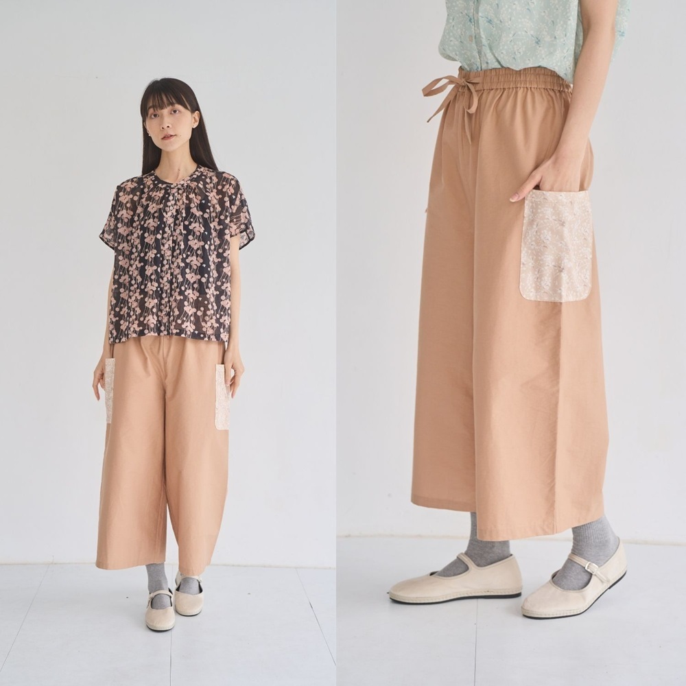 印花樂口袋寬褲溫柔奶茶