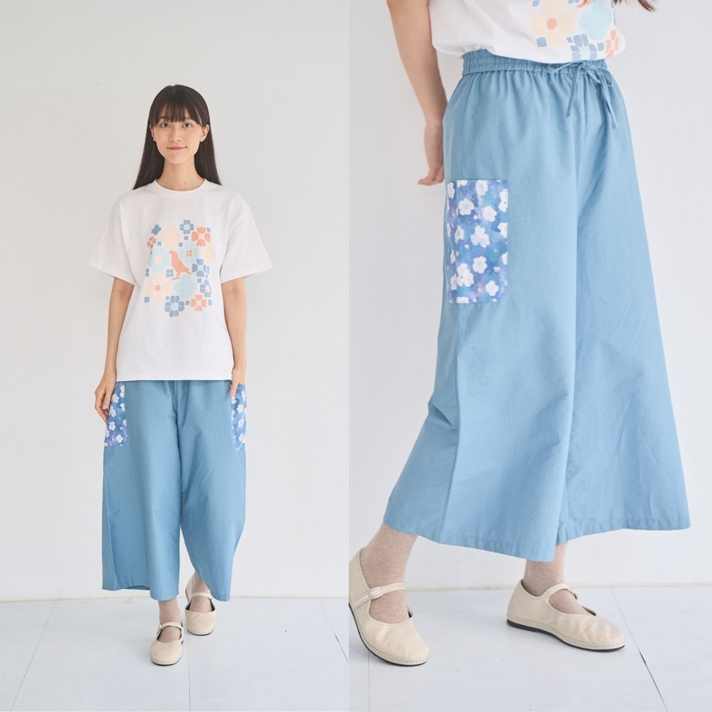 印花樂口袋寬褲晨霧藍