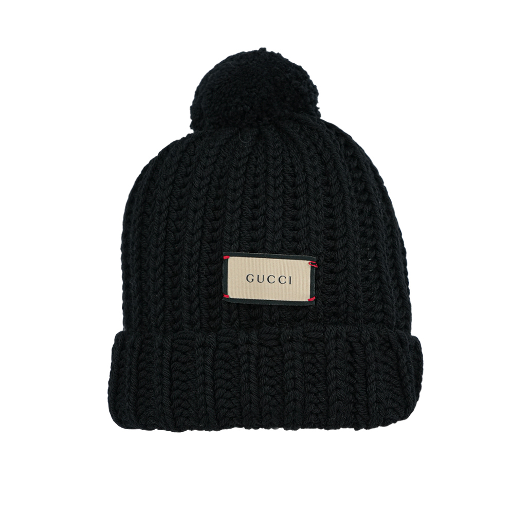 【GUCCI】方形Logo 標籤毛球羊毛毛帽 M (黑色)652656 3G206 1000