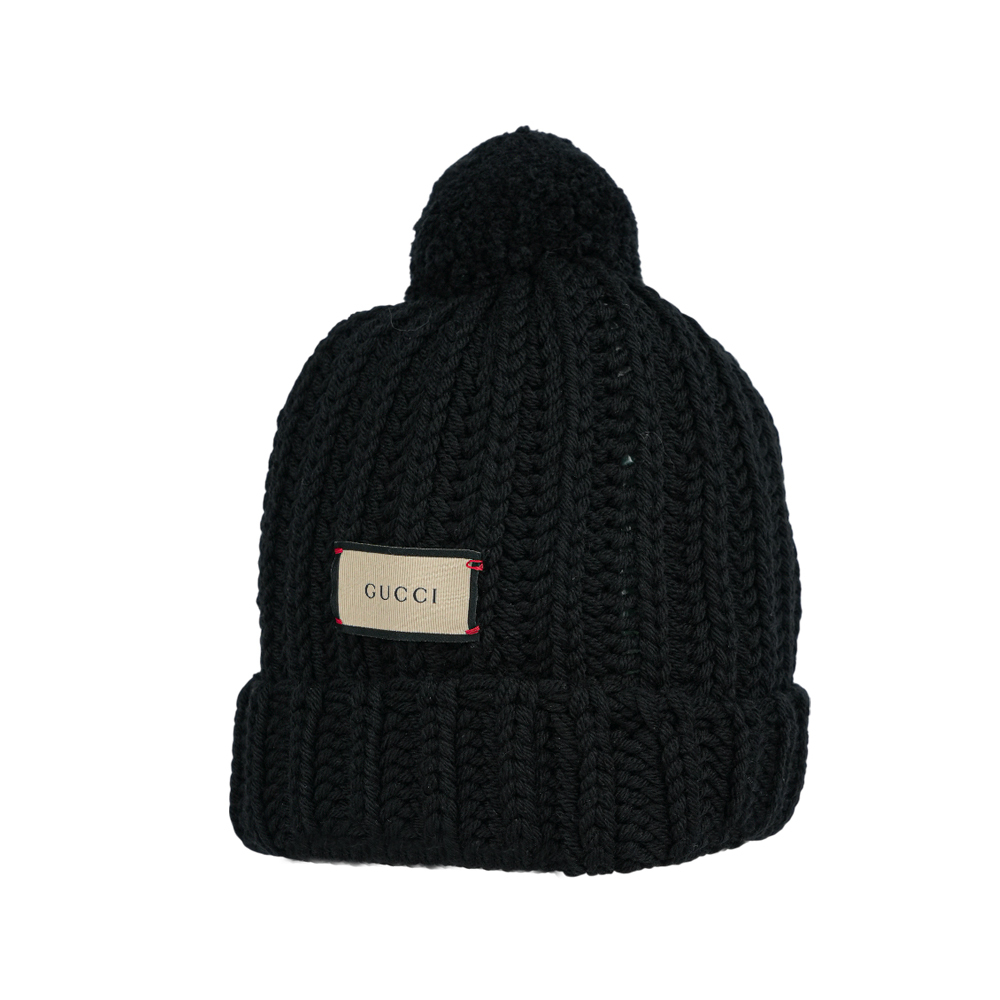 【GUCCI】方形Logo 標籤毛球羊毛毛帽 M (黑色)652656 3G206 1000