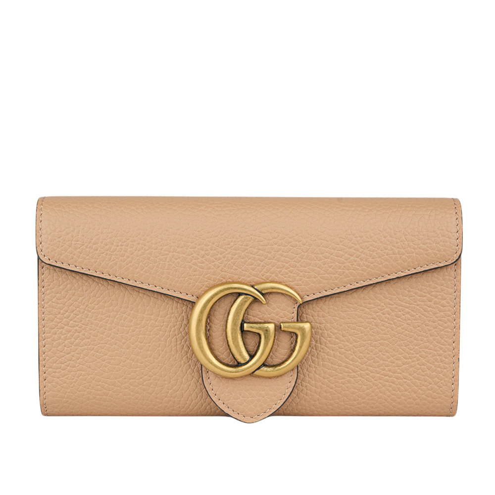 【GUCCI】Marmont 金色標誌粒紋皮革釦式二折長夾(裸粉色) 779776 A7M0T 2754