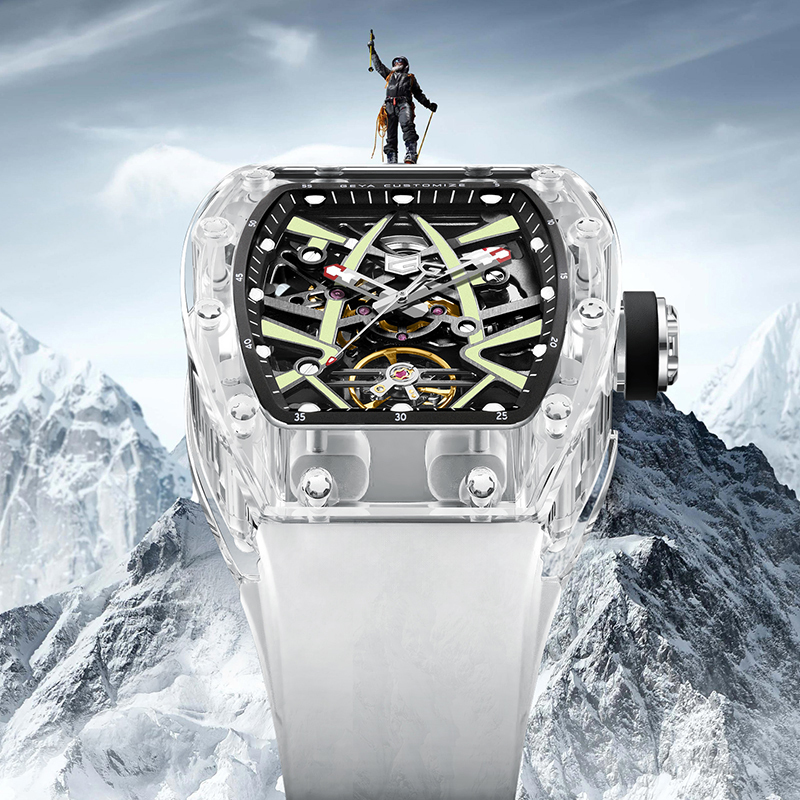 (預購)【GEYA格雅】珠穆朗瑪峰系列 G78171 酒桶 雙面鏤空 TR90錶殼 動力儲存 機械 夜光 手錶