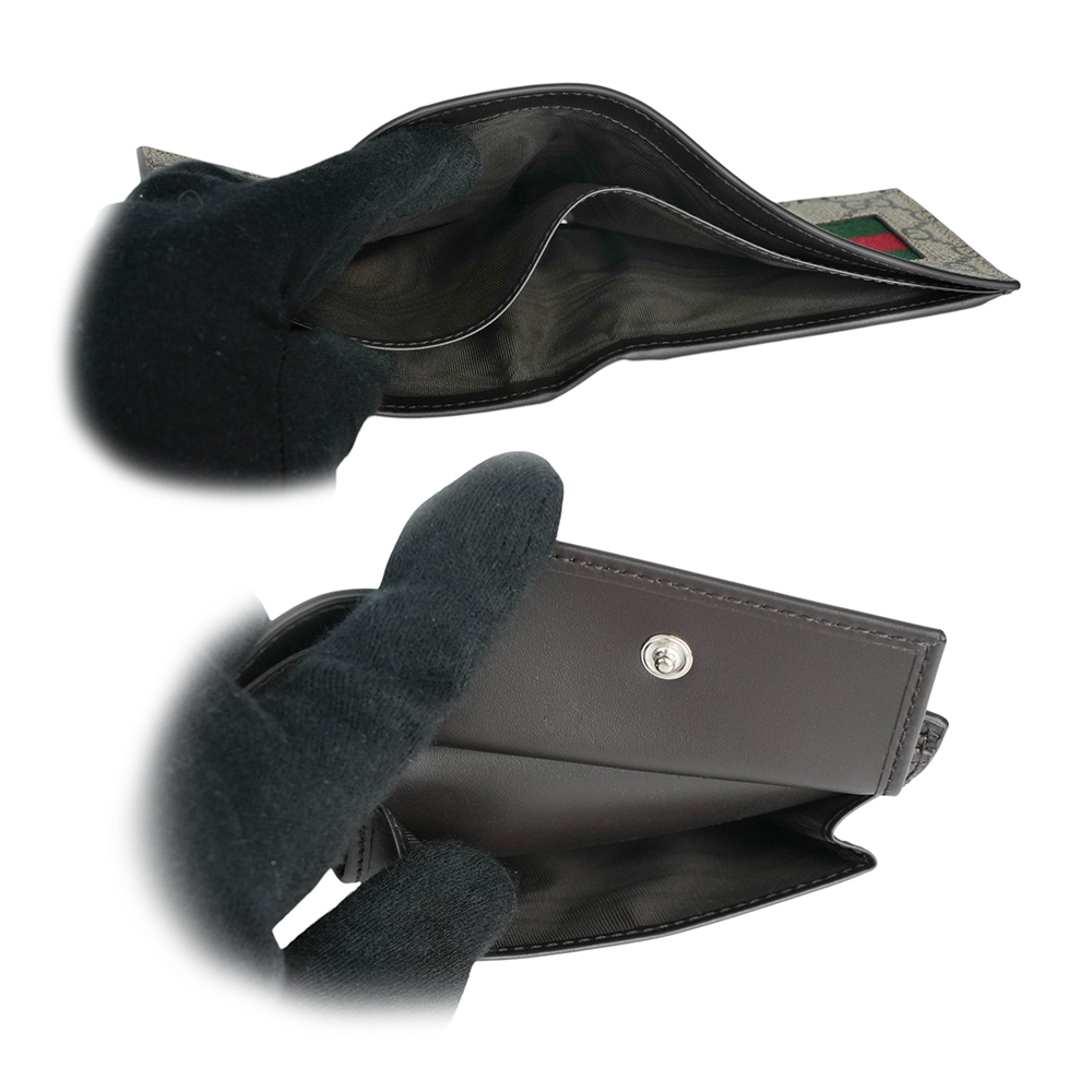 【GUCCI】Ophidia GG 塗層帆布綠紅對開零錢袋短夾(米色/烏木色) 779854 KHN4N 9791