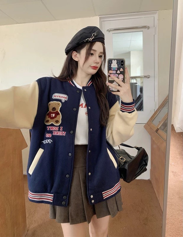 HK Style Teddy Bear Couple Baseball Jacket