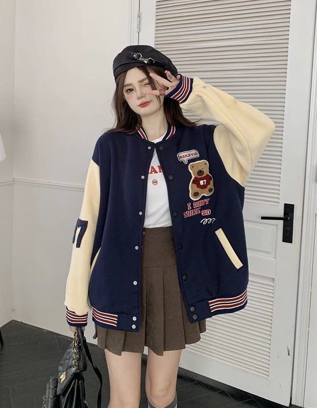 HK Style Teddy Bear Couple Baseball Jacket