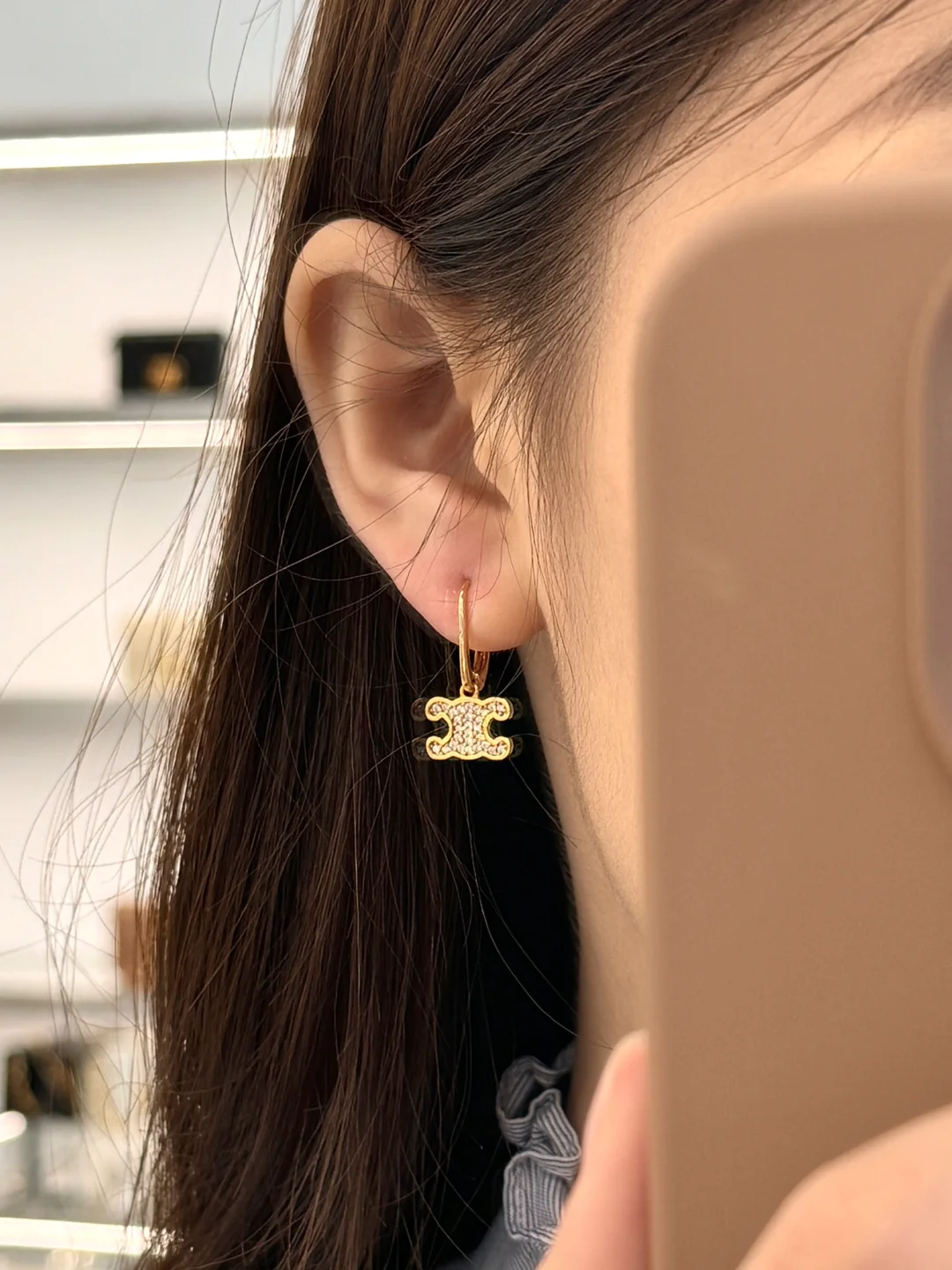 CELINE  Triomphe金色飾面黃銅及水晶萊茵石耳環