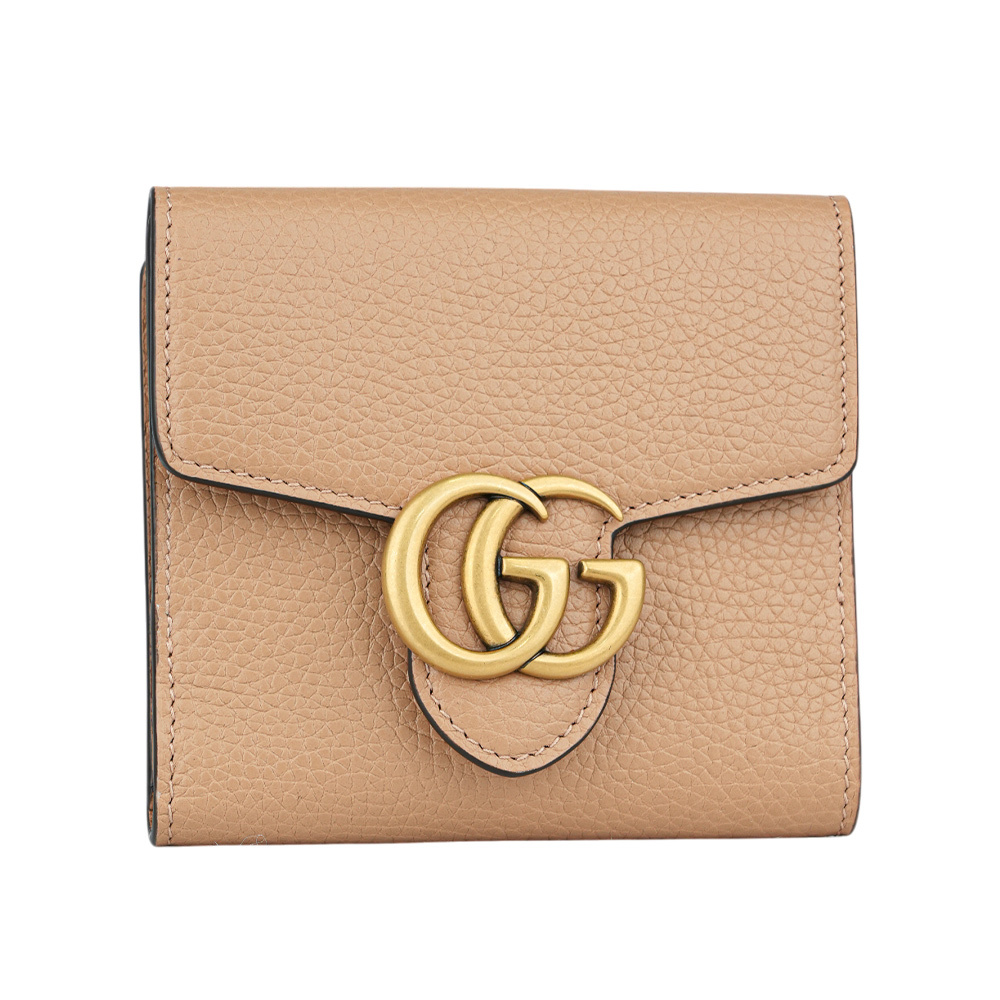 【GUCCI】Marmont 金色標誌粒紋皮革釦式二折短夾