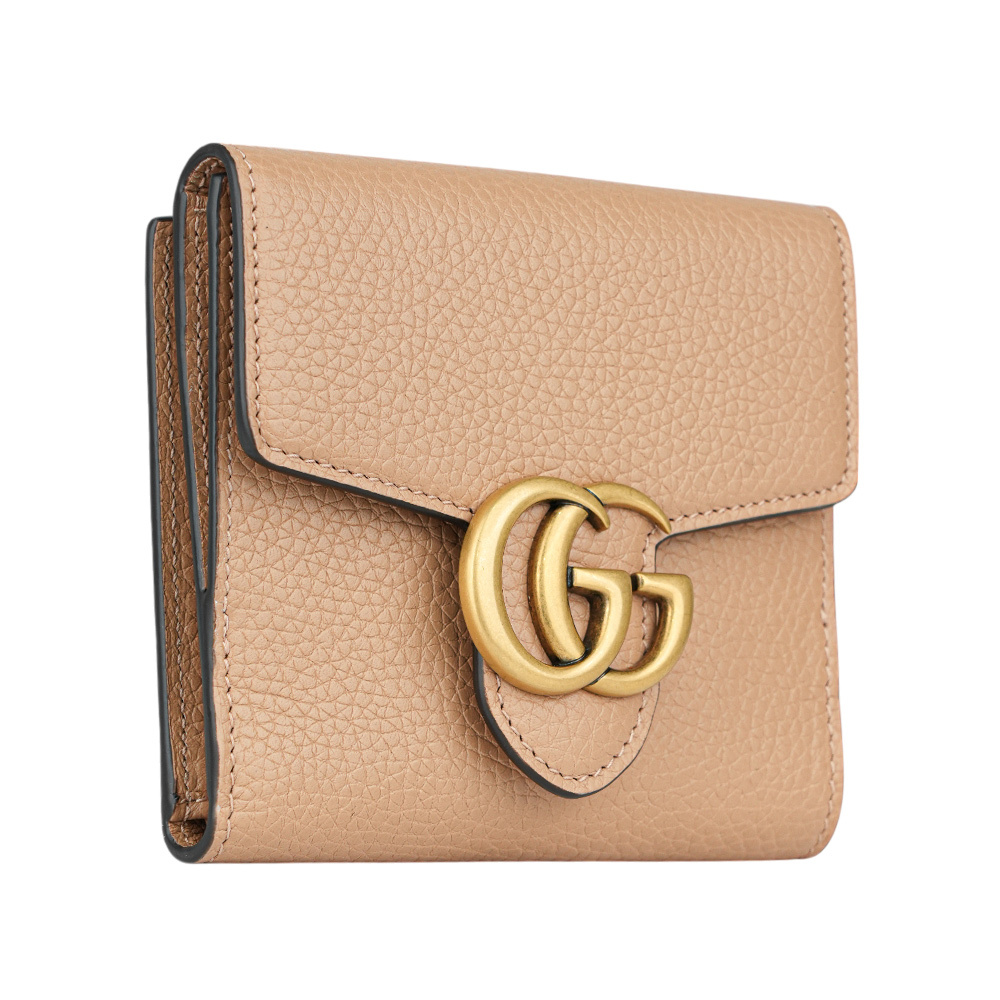 【GUCCI】Marmont 金色標誌粒紋皮革釦式二折短夾(裸粉色) 782749 A7M0T 2754