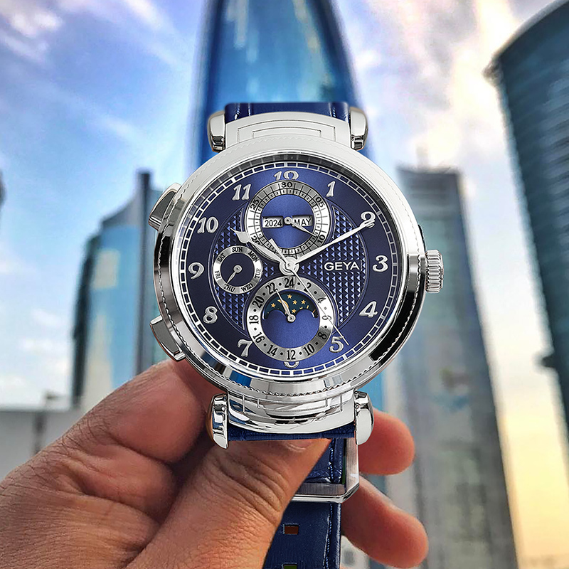 (預購)【GEYA格雅】G78173 三眼 日月星辰 動力儲存 寶石軸承 夜光錶蓋 機械 手錶