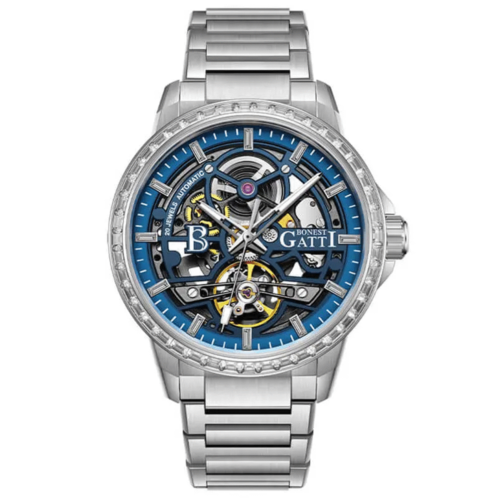 【Bonest Gatti 布加迪】BG8803 多功能 時尚 商務 晶鑽錶圈 鏤空 夜光 不鏽鋼 機械錶 (附品牌精美賽車禮盒)