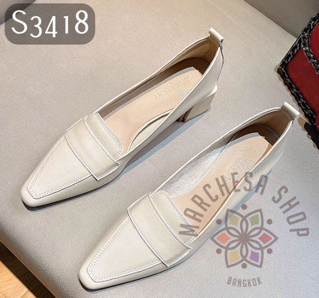 S3418 - 頭層小牛皮純色一字帶方頭高踭鞋