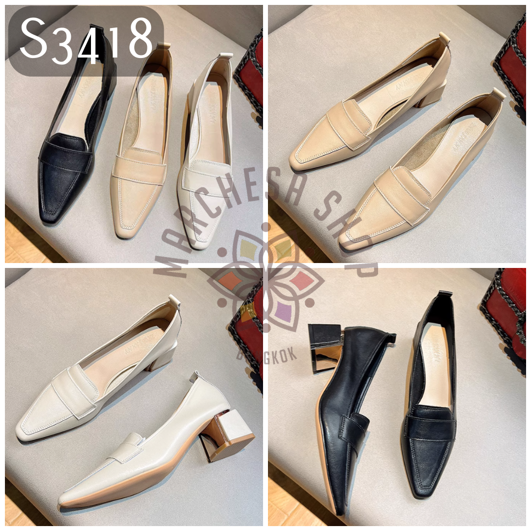 S3418 - 頭層小牛皮純色一字帶方頭高踭鞋