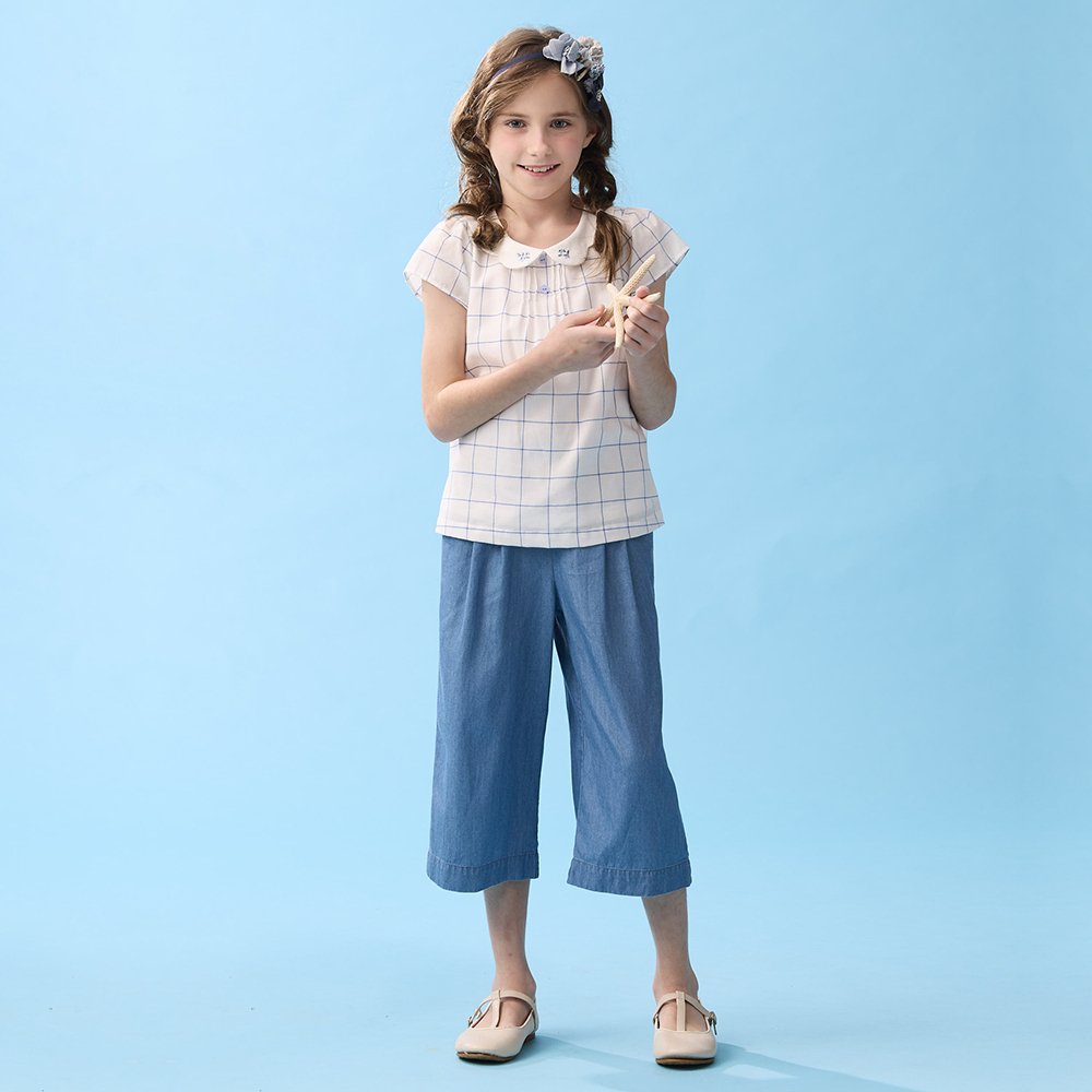 PIPPY 清爽格紋花辮領圍短袖上衣 米白