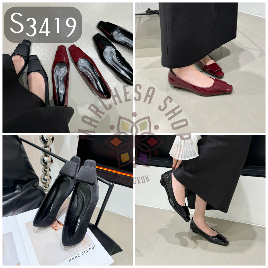 S3419 - 牛皮純色方扣尖方頭低踭鞋