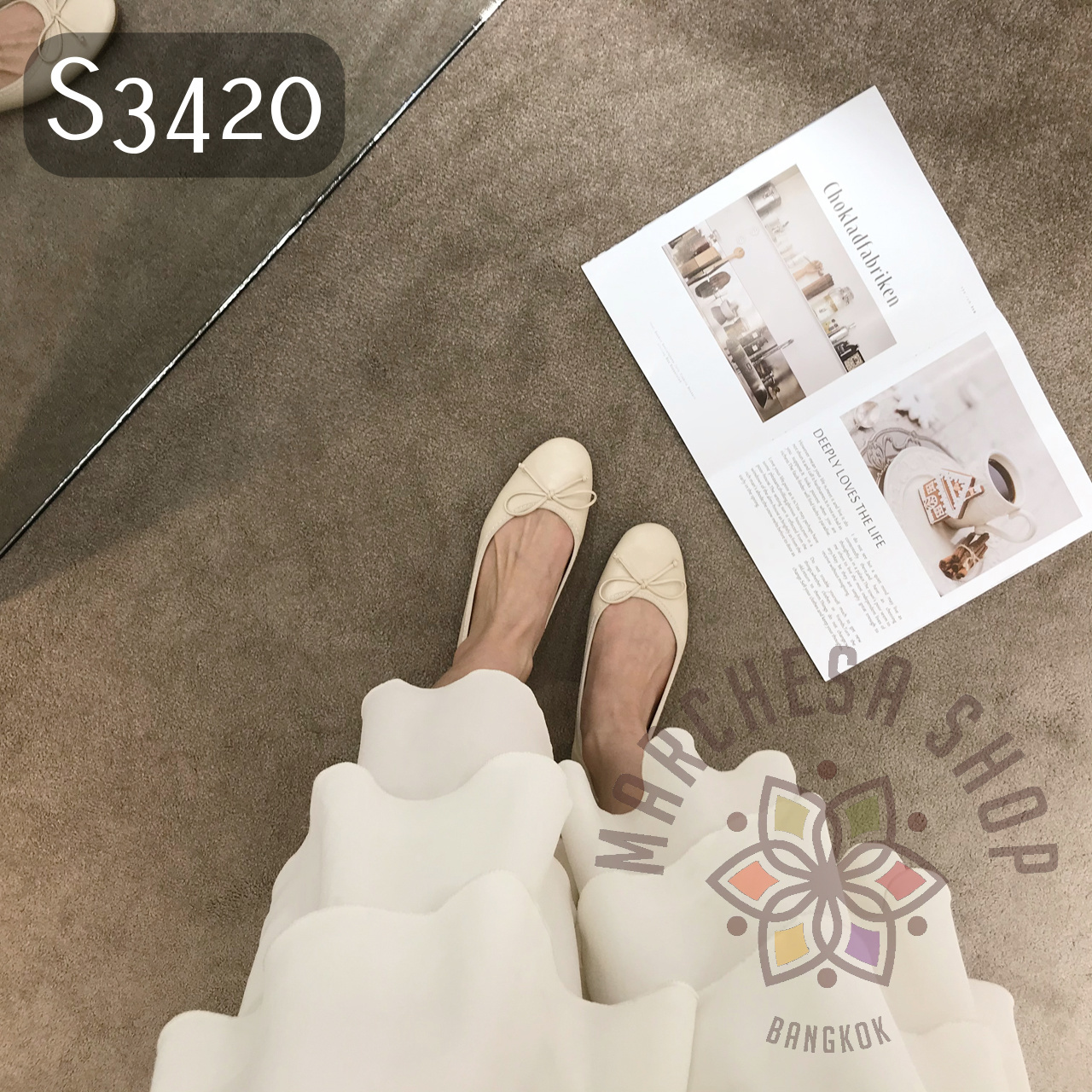 S3420 - 牛皮純色蝴蝶結囻頭平底鞋