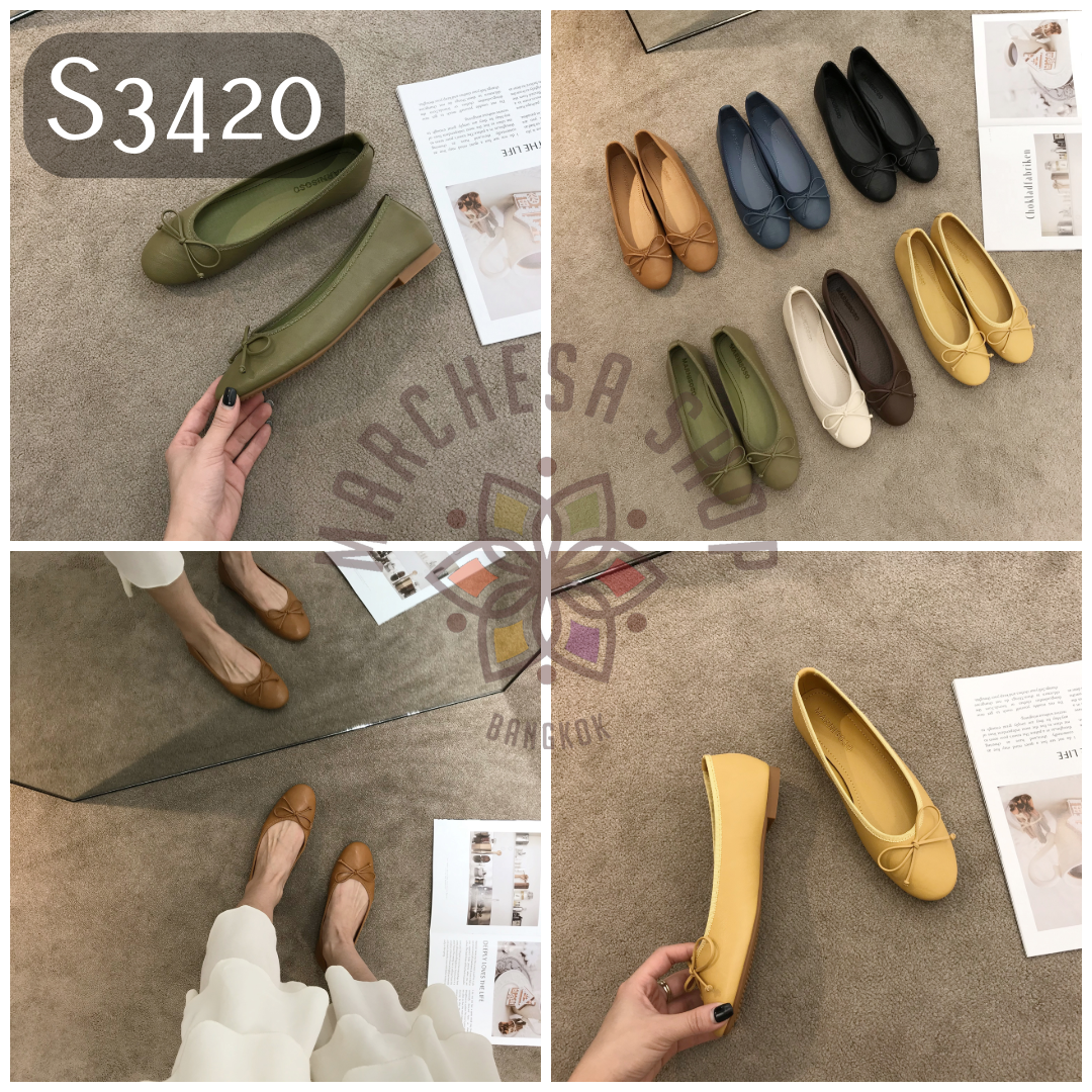 S3420 - 牛皮純色蝴蝶結囻頭平底鞋