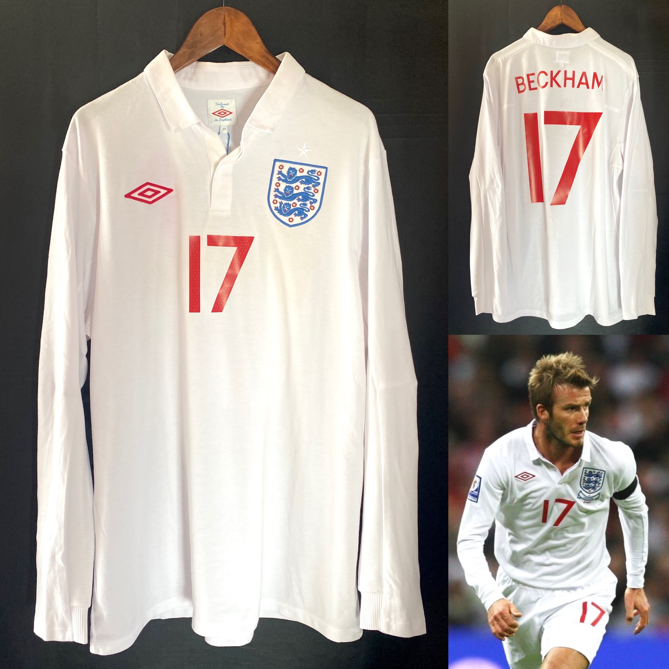 (BNWT) England 2009-2011 Umbro L/S Home Shirt #17 BECKHAM