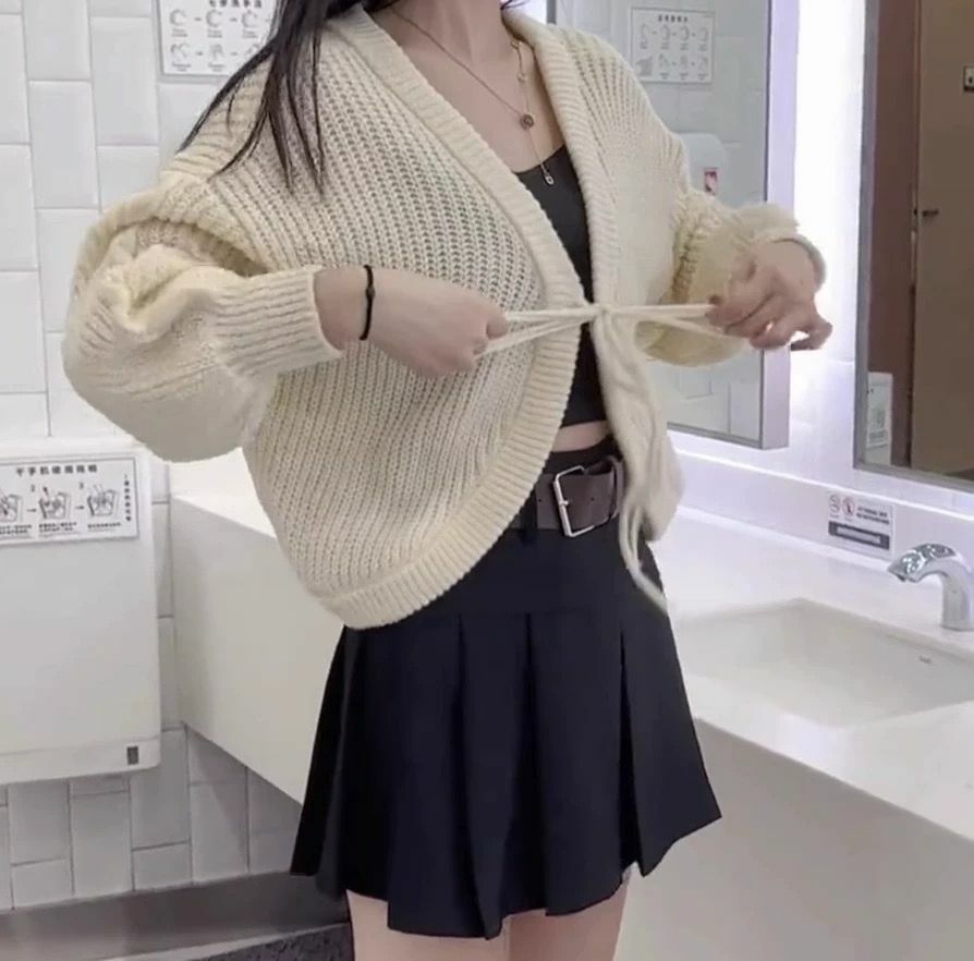 Soft Knit Tie-Up Lantern Sleeve Crop Sweater