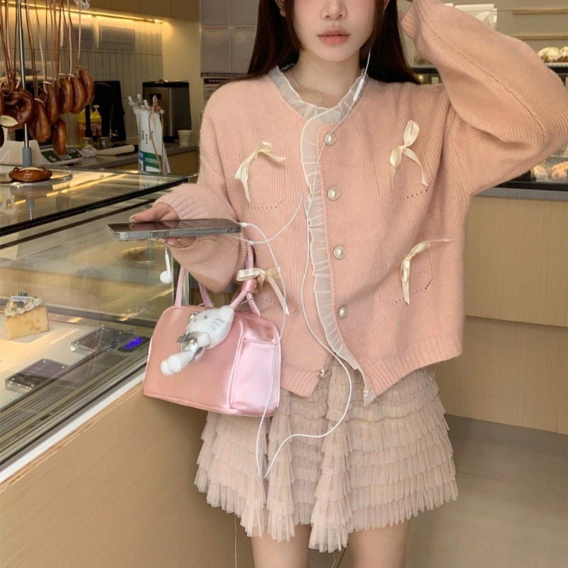 Korean Style Lace Trim Bow Knit Cardigan