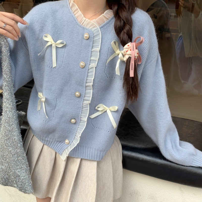 Korean Style Lace Trim Bow Knit Cardigan