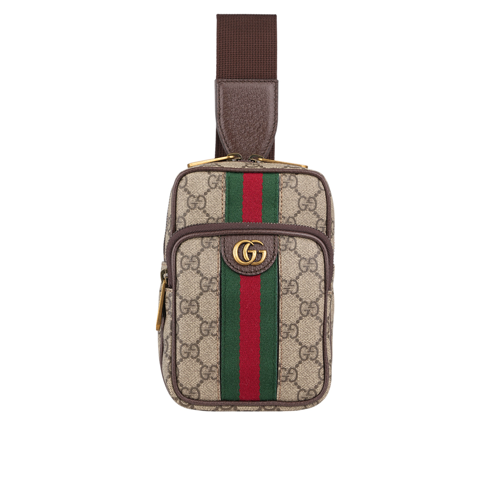 【GUCCI】GG Ophidia 塗層帆布及皮革綠紅織帶迷你胸口包(米色/烏木色)