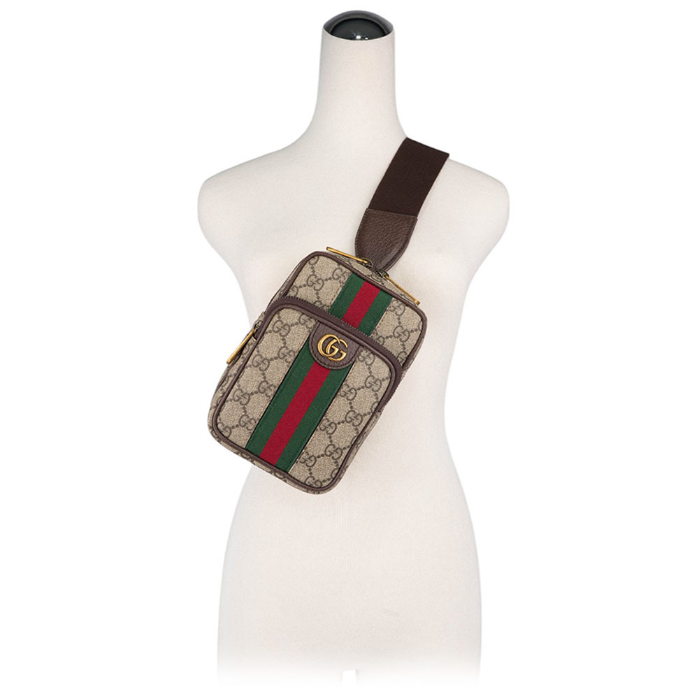 【GUCCI】GG Ophidia 塗層帆布及皮革綠紅織帶迷你胸口包(米色/烏木色) 752565 9C2ST 8746