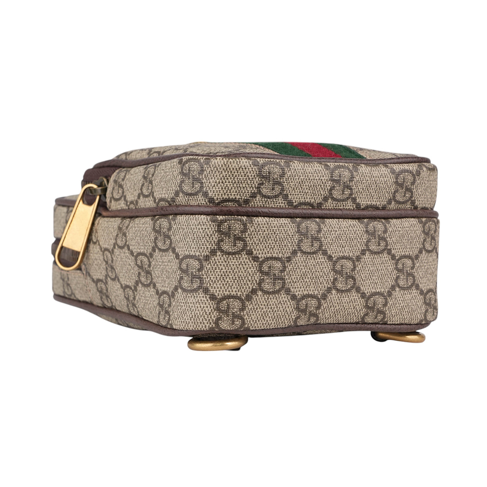 【GUCCI】GG Ophidia 塗層帆布及皮革綠紅織帶迷你胸口包(米色/烏木色) 752565 9C2ST 8746
