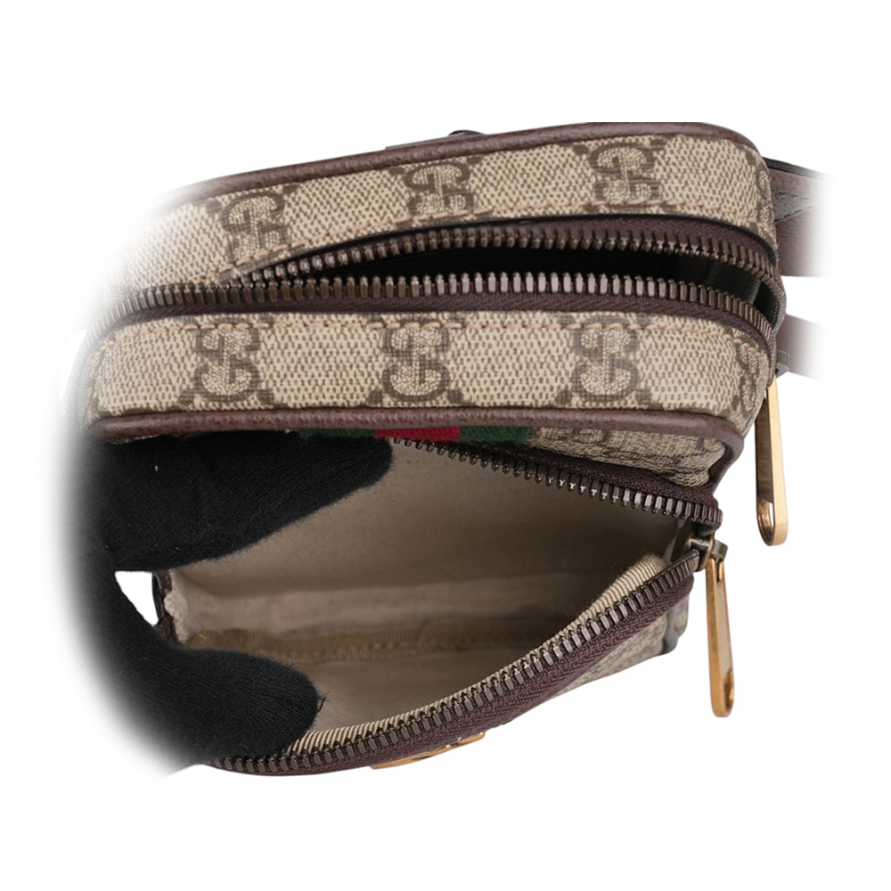 【GUCCI】GG Ophidia 塗層帆布及皮革綠紅織帶迷你胸口包(米色/烏木色) 752565 9C2ST 8746