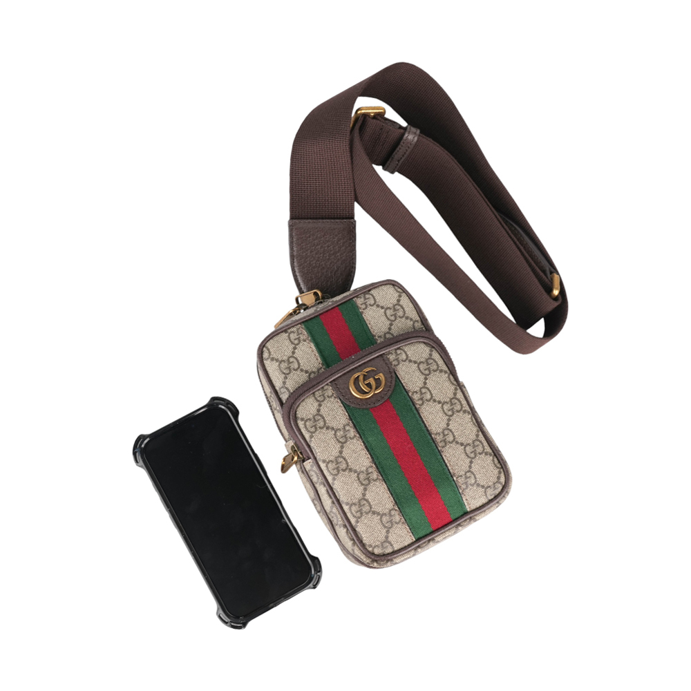 【GUCCI】GG Ophidia 塗層帆布及皮革綠紅織帶迷你胸口包(米色/烏木色) 752565 9C2ST 8746