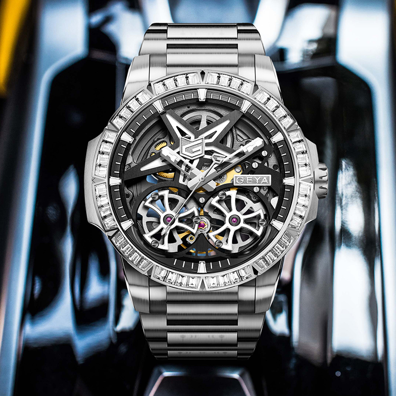 【GEYA 格雅】賽車系列 G78176G 雙面鏤空 夜光 不鏽鋼 機械 手錶