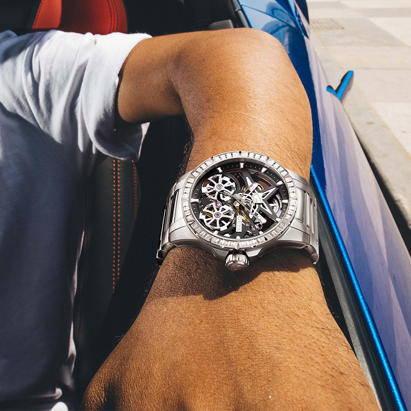 【GEYA 格雅】賽車系列 G78176G 雙面鏤空 夜光 不鏽鋼 機械 手錶