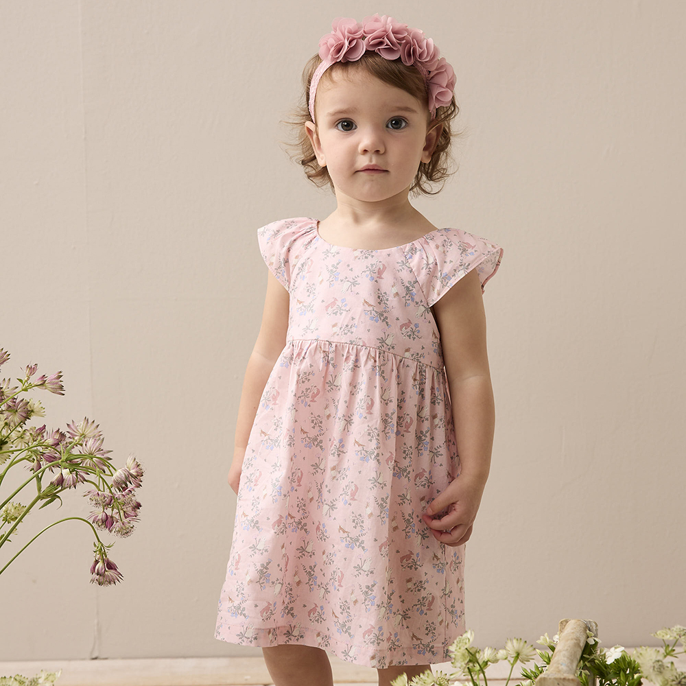 PIPPY 優雅V型領抽皺波浪領圍小兔印花洋裝