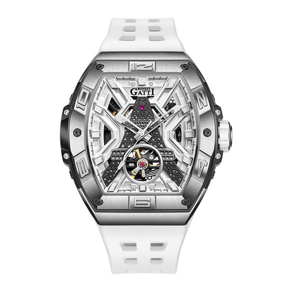 【Bonest Gatti 布加迪】鐵塔之心系列 BG5001 酒桶款 鏤空錶盤及背蓋 夜光指針刻度錶盤 機械錶-*