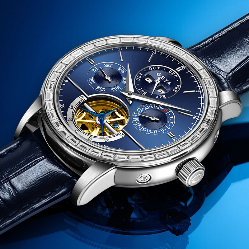 【GEYA 格雅】G78180 鏤空 晶鑽 真三眼 動力儲存 寶石軸承 星期 日期 機械 真皮 手錶