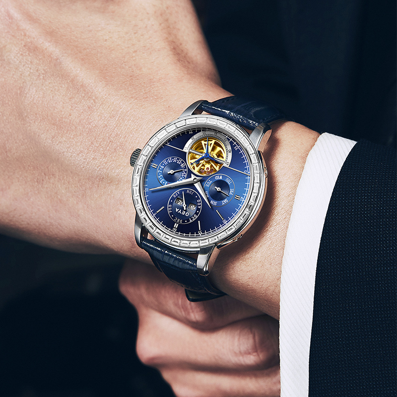 【GEYA 格雅】G78180 鏤空 晶鑽 真三眼 動力儲存 寶石軸承 星期 日期 機械 真皮 手錶