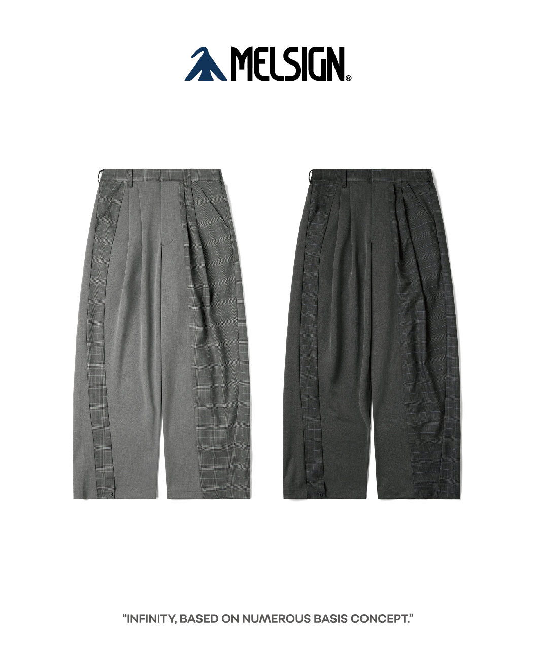 MELSIGN 格紋拼接寬版直筒長褲 淺灰/深灰 24 A/W Asymmetrical Panel Trousers